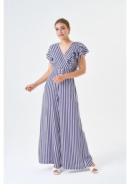 Fırfır Detaylı Bluz ve Bol Paça Pantolon Çizgili Kemerli Tulum fırsatları