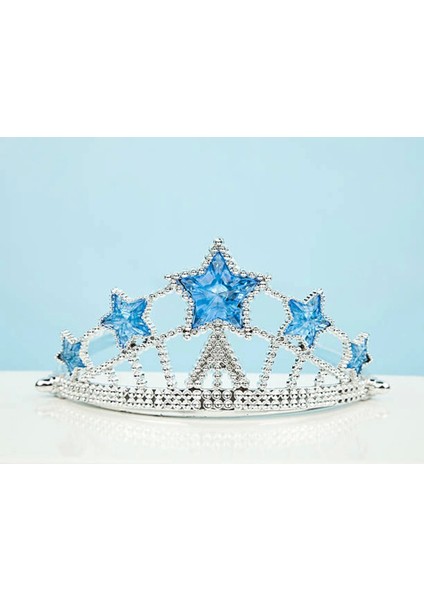 Mavi Yıldız Taşlı Plastik Kraliçe Prenses Elsa Tacı Çocuk Boy