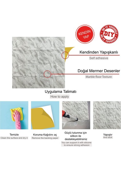 Kendinden Yapışkanlı 3D Kabartmalı Pvc Duvar Paneli Mermer Yuvarlak Desen 41x41 Cm/ 6 Adet /1 M²