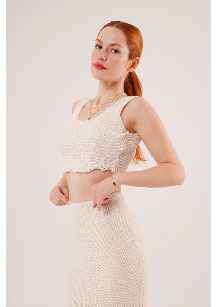 Örme Detaylı Etek ve Bluz Krem Takım