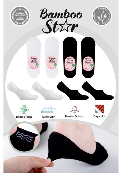 Bambu Kadın Babet Siyah - Beyaz Çorap Dikişsiz Görünmez Kaydırmaz Topuk Silikonlu 4'lü Paket