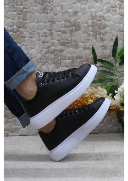 B-150 Siyah Beyaz Rahat Kalın Taban Sneaker Erkek Spor Ayakkabı indirimleri