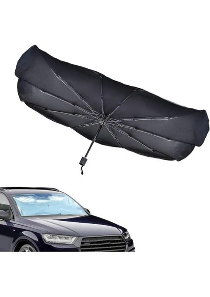 Araba Ön Cam Güneşliği Şemsiye - Katlanabilir Pratik Koruma Isı ve Uv Engelleyici Kolay Açılır Kapanır Şemsiye Tasarımlı Araba Güneşliği Deri Kılıflı Otomobil Güneşliği