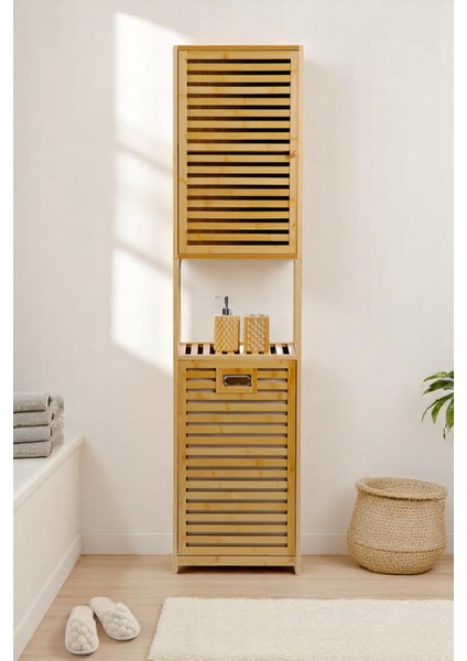 Bambu Kirli Sepetli 1 Raflı Kapaklı Banyo Dolabı Banyo Düzenleyici Çamaşır Sepeti Organizer DB-0010
