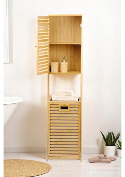 Bambu Kirli Sepetli 1 Raflı Kapaklı Banyo Dolabı Banyo Düzenleyici Çamaşır Sepeti Organizer DB-0010 fiyatları