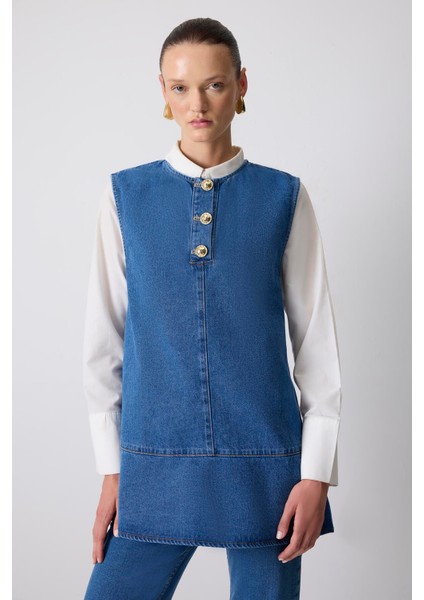 Gold Düğmeli Denim Tunik