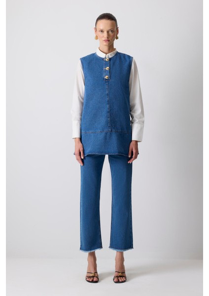 Gold Düğmeli Denim Tunik