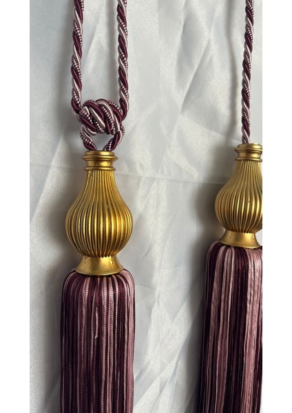Bordo ve Pembe Karışımı Braçol Kornişe Takma (Üçlü Set) Altın Kuka Tavan Yan Bağlama Perde Toplama Aksesuarı Perde Bağlama Ipi