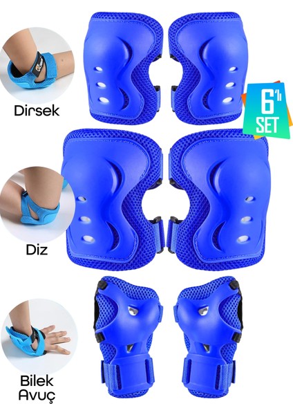 6'lı Yüksek Koruma 3-12 Yaş Paten Scooter Bisiklet Kaykay Diz Dirsek El Koruma Koruyucu Seti Mavi