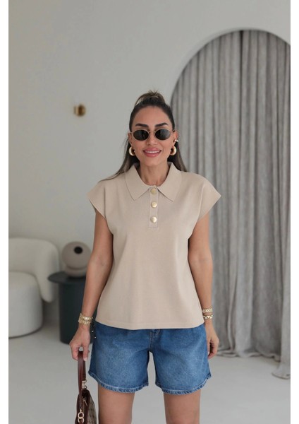 Lavida Rahat Kalıp Polo Yaka Düşük Kol Gold Düğme Detaylı Merserize Kadın Bluz modelleri