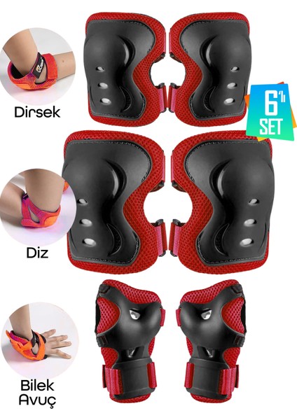 6'lı Yüksek Koruma 3-12 Yaş Paten Scooter Bisiklet Kaykay Diz Dirsek El Koruma Koruyucu Seti Kırmızı