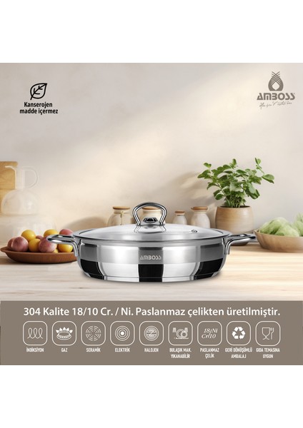 Ambos Saphire Paslanmaz Çelik Cam Kapaklı Basık Tencere 28 Cm