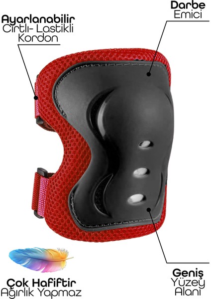 6'lı Yüksek Koruma 3-12 Yaş Paten Scooter Bisiklet Kaykay Diz Dirsek El Koruma Koruyucu Seti Kırmızı