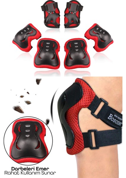 6'lı Yüksek Koruma 3-12 Yaş Paten Scooter Bisiklet Kaykay Diz Dirsek El Koruma Koruyucu Seti Kırmızı