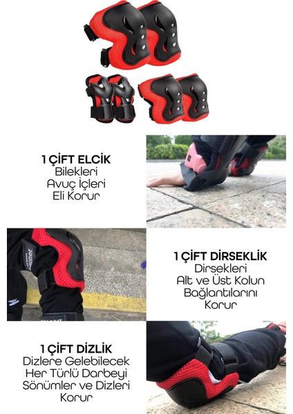 6'lı Yüksek Koruma 3-12 Yaş Paten Scooter Bisiklet Kaykay Diz Dirsek El Koruma Koruyucu Seti Kırmızı