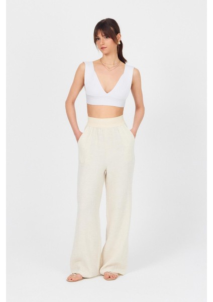 Natural Bel Lastikli Müslin Keten Bol Paça Pantolon 4719A