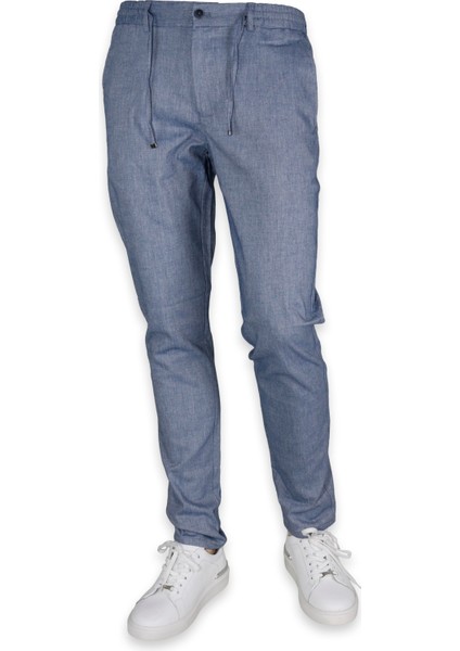 Erkek Beli Lastikli Bağcıklı Slim Fit Düz Paça Jogger Pantolon 0404-MAVİ