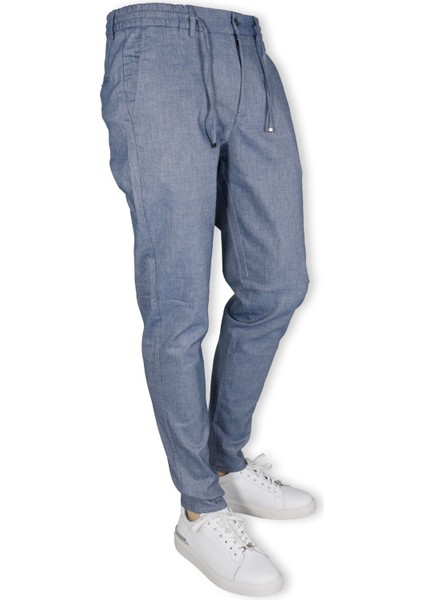 Erkek Beli Lastikli Bağcıklı Slim Fit Düz Paça Jogger Pantolon 0404-MAVİ