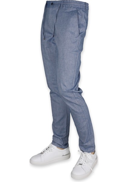 Erkek Beli Lastikli Bağcıklı Slim Fit Düz Paça Jogger Pantolon 0404-MAVİ