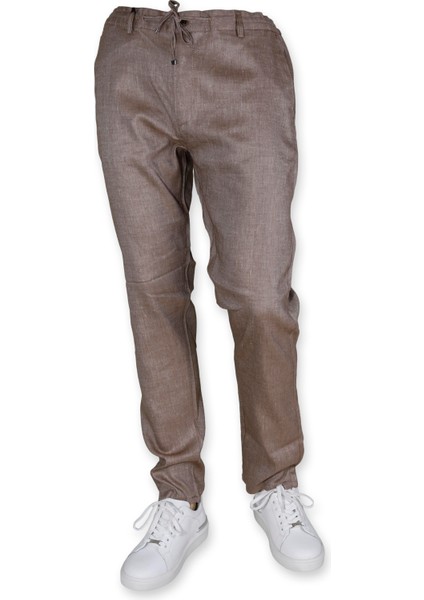 Erkek Beli Lastikli Bağcıkşı Relax Fit Düz Paça Jogger Pantolon-Kahve
