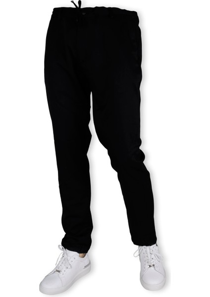 Erkek Beli Lastikli Bağcıklı Slim Fit Düz Paça Jogger Pantolon 0300-SİYAH