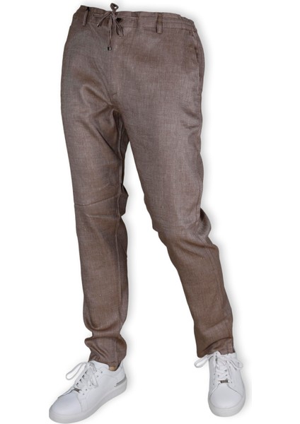 Erkek Beli Lastikli Bağcıkşı Relax Fit Düz Paça Jogger Pantolon-Kahve