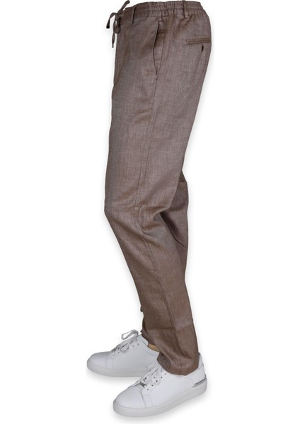 Erkek Beli Lastikli Bağcıkşı Relax Fit Düz Paça Jogger Pantolon-Kahve