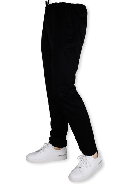 Erkek Beli Lastikli Bağcıklı Slim Fit Düz Paça Jogger Pantolon 0300-SİYAH