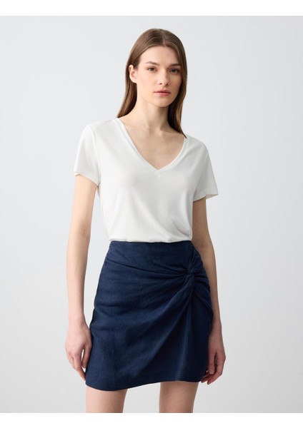 Lacivert Normal Bel Büzgü Detaylı Keten Mini Etek