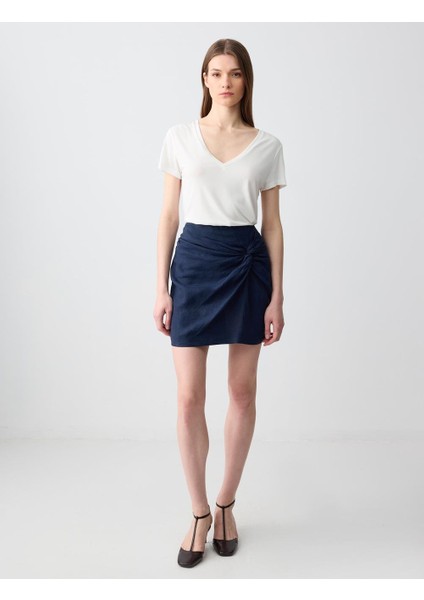 Lacivert Normal Bel Büzgü Detaylı Keten Mini Etek fiyatları