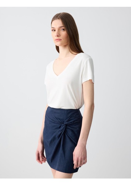 Lacivert Normal Bel Büzgü Detaylı Keten Mini Etek modelleri