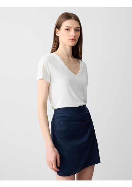 Lacivert Normal Bel Büzgü Detaylı Keten Mini Etek fırsatları