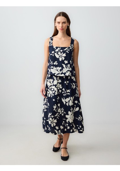 Siyah Yüksek Bel Desenli Keten Midi Etek