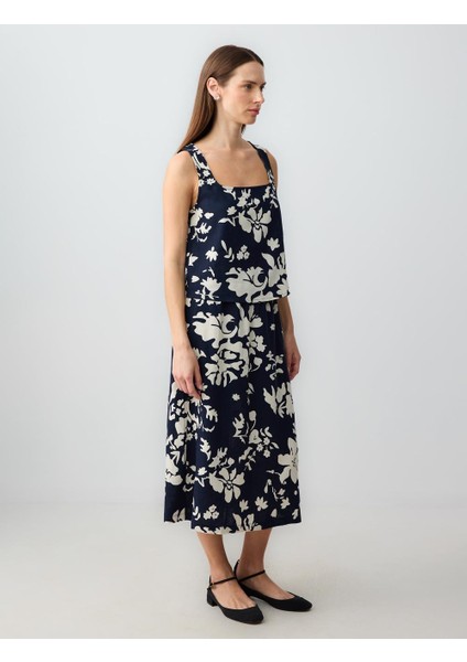 Siyah Yüksek Bel Desenli Keten Midi Etek modelleri