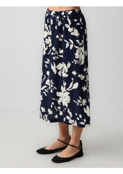 Siyah Yüksek Bel Desenli Keten Midi Etek fırsatları