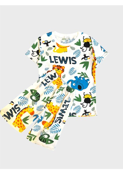 Erkek Çocuk Pamuklu Beyaz Safari Aslan Desenli Kısa Kollu Şortlu Yazlık Pijama Takımı