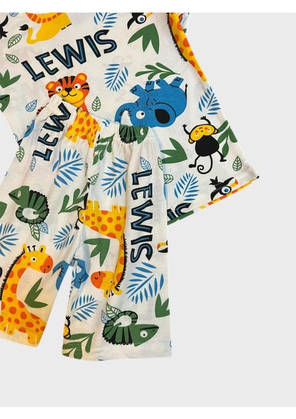Erkek Çocuk Pamuklu Beyaz Safari Aslan Desenli Kısa Kollu Şortlu Yazlık Pijama Takımı