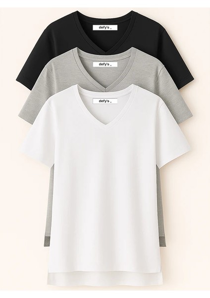 Kadın 3'lü Basic Regular Fit V Yaka Arkası Uzun Tişört Seti