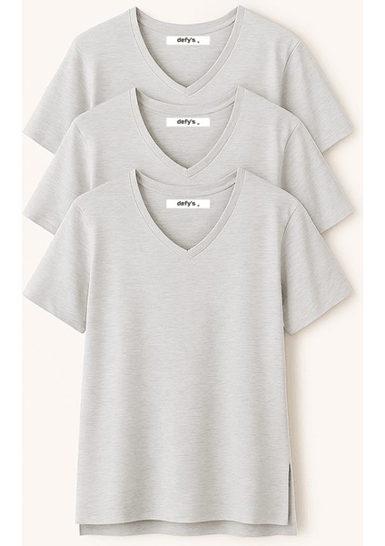 Kadın 3'lü Basic Regular Fit V Yaka Arkası Uzun Tişört Seti