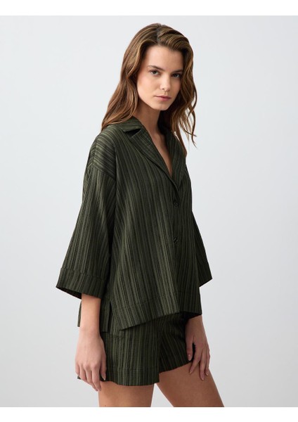 Haki Yüksek Bel Normal Paça Desenli Keten Şort fırsatları