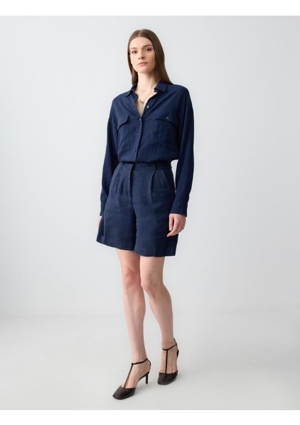 Lacivert Düz Kesim Yüksek Bel Bol Paça Dokuma Keten Şort fiyatları