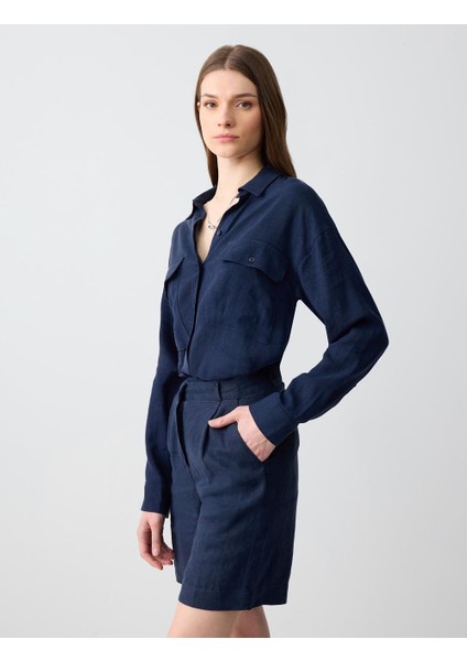 Lacivert Düz Kesim Yüksek Bel Bol Paça Dokuma Keten Şort modelleri