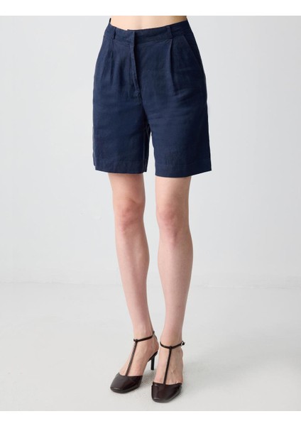 Lacivert Düz Kesim Yüksek Bel Bol Paça Dokuma Keten Şort indirimleri