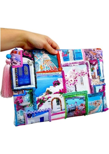 3889 El Yapımı Etnik Bodrum Desenli Boncuk ve Taş İşlemeli - Renkli Püsküllü Clutch Çanta fiyatları
