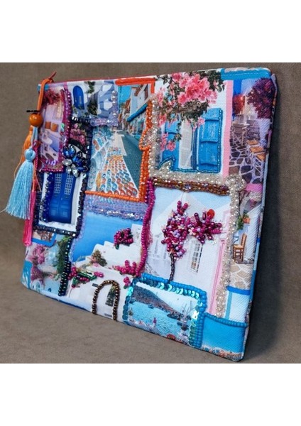 3889 El Yapımı Etnik Bodrum Desenli Boncuk ve Taş İşlemeli - Renkli Püsküllü Clutch Çanta fırsatları