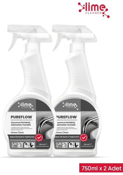 Pureflow Armatür Banyo Temizleyici Kireç ve Leke Sökücü - Kirece ve Lekelere Karşı Etkili Çözüm! 750 ml x 2 Adet