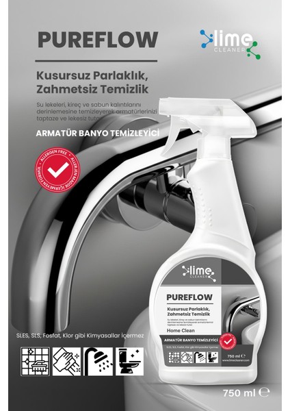 Pureflow Armatür Banyo Temizleyici Kireç ve Leke Sökücü - Kirece ve Lekelere Karşı Etkili Çözüm! 750 ml x 2 Adet