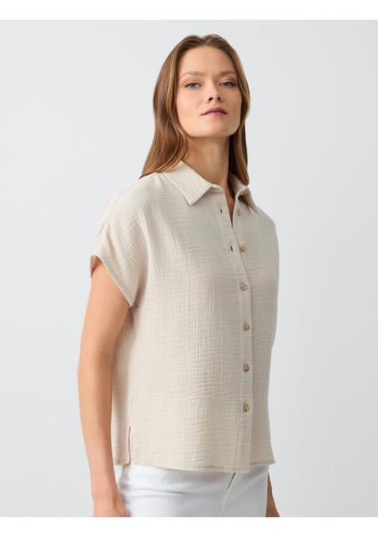 Bej Kısa Kollu Pamuklu Dokuma Gömlek modelleri