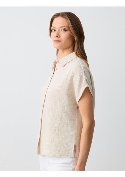 Bej Kısa Kollu Pamuklu Dokuma Gömlek fırsatları