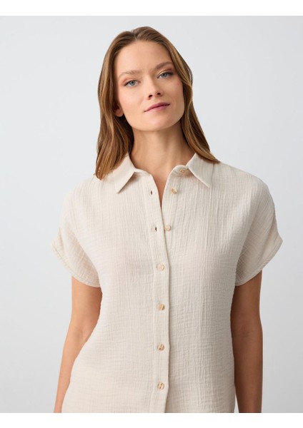 Bej Kısa Kollu Pamuklu Dokuma Gömlek indirimleri